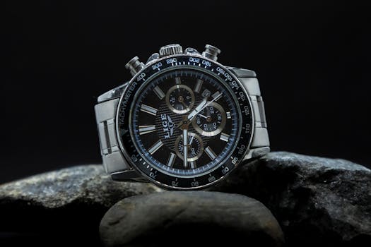 Close-up of a luxury wristwatch with metal band on a dark rock background, showcasing intricate details.